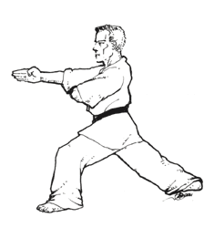 Drawing of a person doing the 1st move in Pinan number one