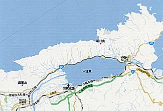 Map of Shimane prefecture, showing Matsue, right, and Izumo, left, with Lake Shinji in the center (Google Maps).
